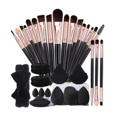 Imagem de Kit de ferramentas maquiagem facial completo 32 peças com 20 pincéis e 12 esponjas beauty eggs puffs duplo uso seco úmido para base sombra olhos pó blush pincel macio fixação uniforme não absorve idea