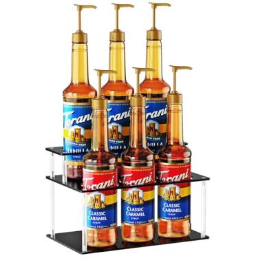 Imagem de Nuovoware Organizador de xarope de café acrílico, organizador de bar com 6 garrafas de 2 camadas para molho de vinho de uísque, suporte transparente para xarope de café para bancada, cozinha, bar