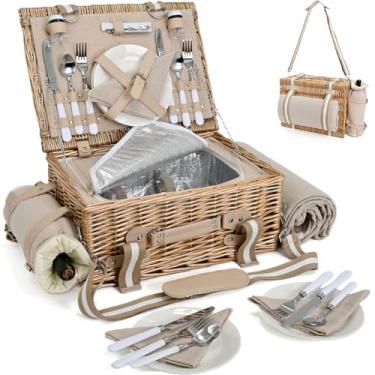 Imagem de Conjunto de cesta de piquenique de 31 peças para 4 com forro isolado e cobertor impermeável para vinho, cesto de vime grande para acampamento, ao ar livre, aniversário dos namorados, Natal para casais