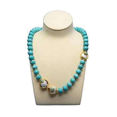 Imagem de URMIBDAI Colares femininos joias moeda branca pérola azul galvanizado azul turquesa colar 63,5 cm estilo punk para mulheres