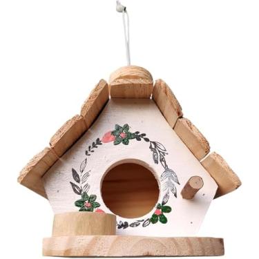Imagem de Casa de Pássaros em Madeira com Decoração Floral, Comedouro para Jardim, Design Rústico, Telhado Inclinado, Rosa e Verde