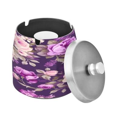 Imagem de Blueangle Cinzeiro de rosas roxas com tampa para cigarros, à prova de vento/chuva, aço inoxidável, sem fumaça, inodoro, cinzeiro para uso interno ou externo (54)