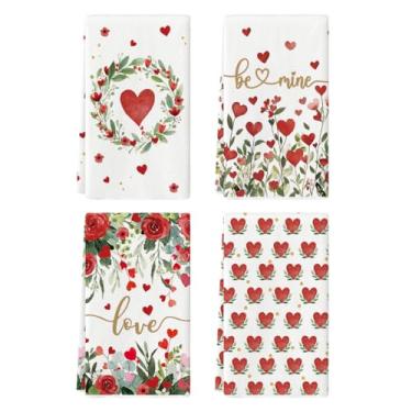 Imagem de Artoid Mode Toalha de prato rosa floral amor coração guirlanda Dia dos Namorados, 45,7 x 66 centímetros aniversário decoração de casamento conjunto de limpeza de 4