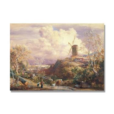 Imagem de NHLDZYH Impressão em tela estilo John Constable, (moinhos de vento na montanha), painel de tela de paisagem romântica, decoração de parede com tema de natureza para quarto ou escritório. 60 x 84 cm