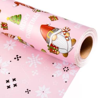 Imagem de Retrify Papel de embrulho de Natal – Mini rolo de 43 cm x 80 metros – Gnomo vermelho e verde fofo floco de neve papel de embrulho de presente feminino rosa para festa de chá de Natal celebração