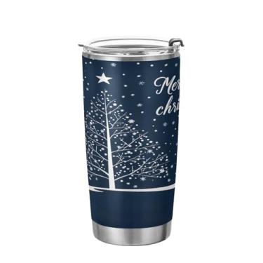 Imagem de YETTASBIN Copo de árvore de Natal com tampa de palha, copo de aço inoxidável de 590 ml, parede dupla, isolada a vácuo, caneca de café de viagem para bebidas quentes e frias