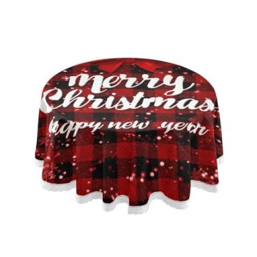 Imagem de Qilmy Merry Christmas Toalha de mesa redonda xadrez vermelha e preta 152 cm, resistente à água, à prova de derramamento, capa de mesa grande para jantar de reunião de família em ambientes internos e