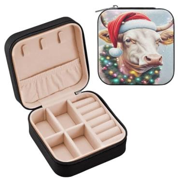 Imagem de Wassud Caixa de joias de viagem de vaca de Natal para mulheres, meninas, senhoras, noiva, mini organizador de joias de couro PU, caixa quadrada de armazenamento de joias para brincos, anéis, colar