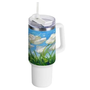 Imagem de Kigai Copo de pintura a óleo de 1,134 g de tulipas brancas com tampa e palha, copo isolado de aço inoxidável durável à prova de vazamento com alça, garrafas de água à prova de derramamento para