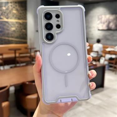 Imagem de HJZSZX Capa transparente 2 em 1 à prova de choque com carregamento sem fio magnético e moldura contrastante para Galaxy S23 (para Galaxy S23/cinza)