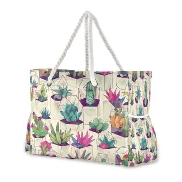 Imagem de Wassud Bolsa de praia com cacto em vidro, grande, bolsa de praia para mulheres, impermeável, à prova de areia, bolsa de viagem com zíper e bolso para piscina, academia, acampamento