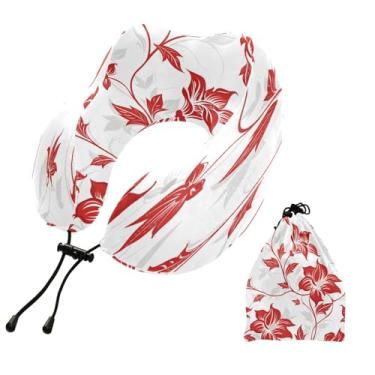 Imagem de CEBUGI Travesseiros de viagem portáteis em forma de U, travesseiro de pescoço de espuma viscoelástica com trava de corda ajustável para avião, viagem, trem, negócios, escritório, soneca (flor vermelha