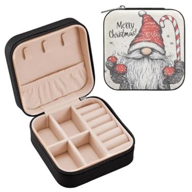 Imagem de Wassud Estojo engraçado de joias de viagem de gnomo de Natal para mulheres, meninas, senhoras, noiva, mini organizador de joias de couro PU, caixa quadrada de armazenamento de joias para brincos