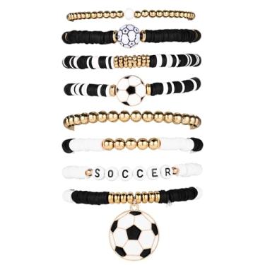 Imagem de Mikovivi 8 peças pulseiras de futebol esportivas, pulseira de futebol softball, joias de futebol com contas ajustáveis, lembrancinhas de festa de futebol para presentes femininos (preto/branco/dourado