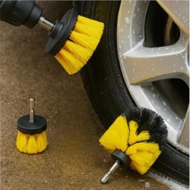 Imagem de Jogo Escova Limpeza Automotiva Encaixe 1/4 Para Parafuradeira Furadeira De Carro Motos Cozinha Limpra Canto Contorno Cerdas Nylon– 3 Peças Duráveis de Plástico