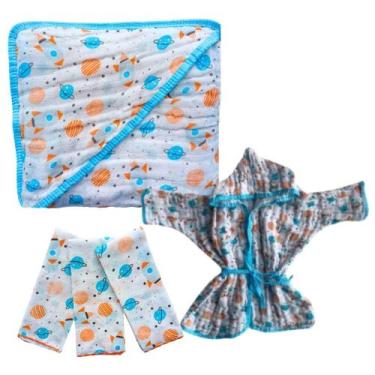 Imagem de Kit 1 Toalha Banho Com Capuz Soft Fralda +1 Roupão Soft Bebe + 3 Pano 