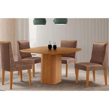 Imagem de Sala Jantar Mesa Maldivas Tampo Curvo 90cm+4 Cadeiras Dakota Madeira Naturale - Capuccino/Corano Capuccino - Rufato