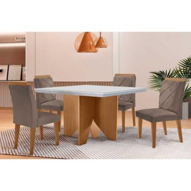 Imagem de Sala Jantar Mesa Nevada Tampo c/ Vidro Curvo 90cm+4 Cadeiras Pietá Madeira Naturale/Off White - Linho Capuccino - Rufato