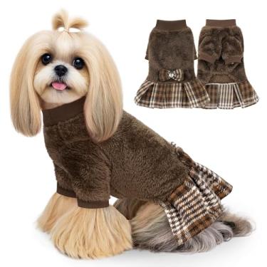 Imagem de WOYYHO Vestido suéter de lã para cães pequenos com saia xadrez e gravata borboleta marrom P 1,8-8,6 kg gola redonda roupas de inverno para cães suéteres vestidos de manga longa suéter para filhote de