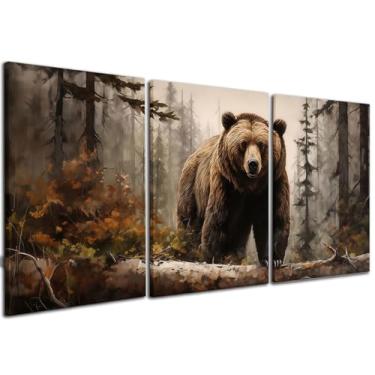 Imagem de 3 peças emolduradas urso pardo em tela floresta enevoada arte de parede impressão de vida selvagem pôsteres e imagens arte de parede tema urso para quarto ou sala de estar campo floresta decoração de