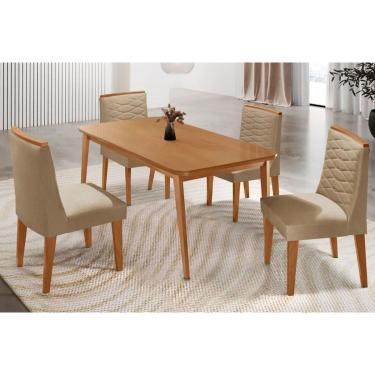 Imagem de Sala Jantar Mesa Havana Tampo Curvo 120cm+4 Cadeiras Maldivas Madeira Naturale - Capuccino/Linho Bege - Rufato