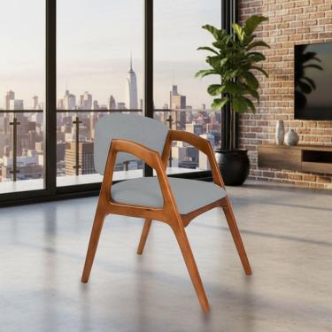 Imagem de Cadeira De Jantar Gabriela Em Madeira E Mdf Cerejeira Linho Cinza