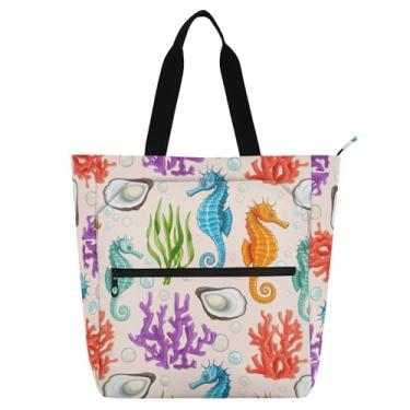 Imagem de Sacola infantil com estampa de cavalos-marinhos com compartimentos com zíper e bolsa de compras de ombro de tecido Oxford à prova d'água