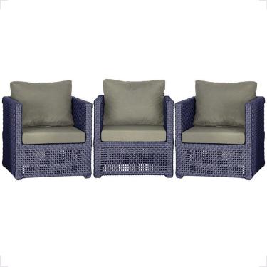 Imagem de 3 Poltronas Madri Alumínio Corda Náutica Estofado 8 Trama Azul