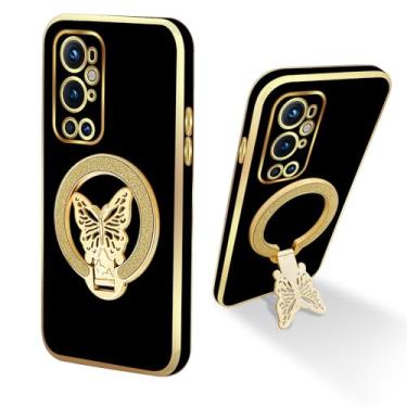 Imagem de nancheng Capa para OnePlus 9 Pro com suporte de borboleta com glitter para mulheres, meninas, homens, capa protetora à prova de choque de TPU macio, preta