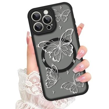 Imagem de Bonoma Capa Mganetic para iPhone 16 Pro [compatível com MagSafe] Linda estampa de borboleta prateada para mulheres e meninas, amortecedor de TPU macio, translúcido, fosco, fina, à prova de choque