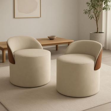 Imagem de Kit 2 Puff Curvo Com Encosto Redondo Orgânico Sala Confortável Resistente Composé Suede Corino Suede Bege