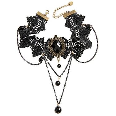 Imagem de F Fityle Gargantilha feminina Harajuku gótica de renda preta com cordão e pingente de gargantilha