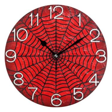 Imagem de GAIGEO Relógio de parede decorativo analógico estético silencioso sem tique-taque relógio de cozinha fofo, decoração de parede vintage sala de estar, teia de aranha brilhante vermelho preto, 25 cm