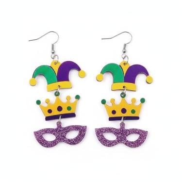 Imagem de Brincos femininos pendentes de carnaval colorido com glitter acrílico tema coroa chapéu pingente brincos de festa Mardi Gras acessórios para mulheres, unified, Acrílico, Sem pedra preciosa