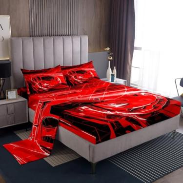 Imagem de jejeloiu Jogo de lençol casal de carro de corrida vermelho, tema de esportes radicais, para meninos, adultos, adolescentes, jogos de alta velocidade, lençol com elástico para decoração de quarto