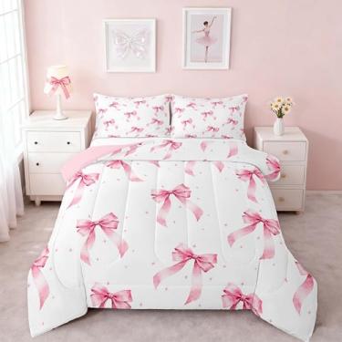 Imagem de Feelyou Jogo de cama solteiro com laço rosa para meninas, adolescentes, com laço kawaii, decoração de quarto, 2 peças com 1 fronha
