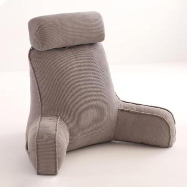 Imagem de CYTJHMD Almofada de leitura, almofada de encosto para cama, almofada de apoio para as costas da cama com encosto de cabeça e braços, capa lavável removível e rolo de pescoço removível, cinza claro, 80