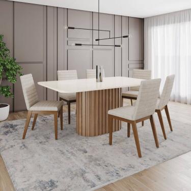 Imagem de Conjunto Mesa Solana 160cm com Vidro 06 Cadeiras Elena Marrom/Off White/Cacao