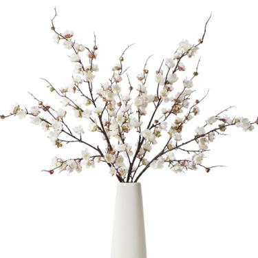 Imagem de YOUNGLEAVES Ramos de flor de cerejeira falsos de seda - pacote com 4, flores falsas de 101 cm para decoração de mesa de casamento em casa, arranjos florais de primavera, vaso não incluído (branco)