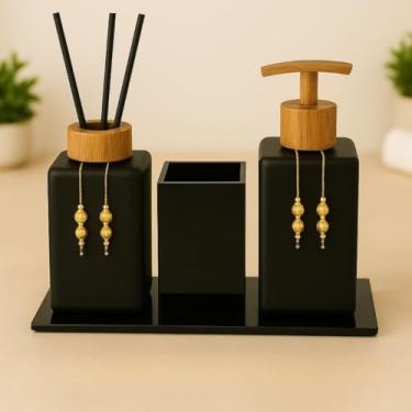 Imagem de Kit Lavabo Luxo Sabonete Líquido C/Porta Escovas e Aromatizante De Ambiente C/Bandeja(Preto Fosco C/Amadeirado)