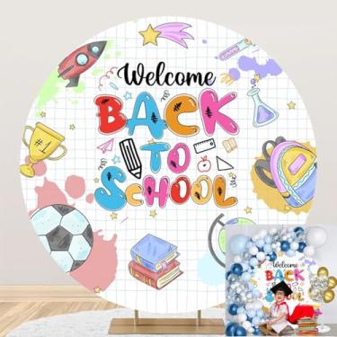 Imagem de OERJU Capa de fundo redonda Welcome Back to School First Day of School Photography Background Classroom Teachers Students Back to School Theme Party Supplies Decorações Arch Photo Booth Adereços 1,8 m