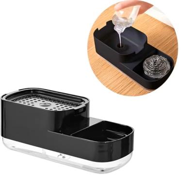 Imagem de Dispenser Porta Detergente 2 em 1 Preto Plástico 10x8x23cm 385ml com Suporte para Esponja