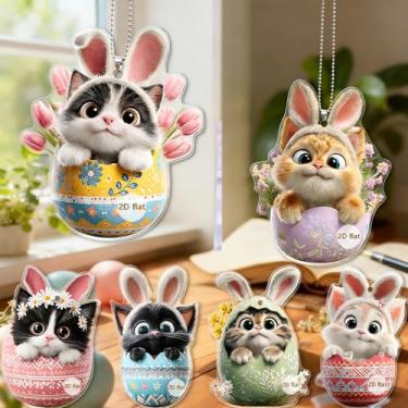 Imagem de 6 peças de enfeites de páscoa para pendurar coelhinho da árvore, mini ovos de páscoa coloridos para chocar gatos, desenhos animados 2D, ornamentos de árvore de acrílico planos para decoração de festa