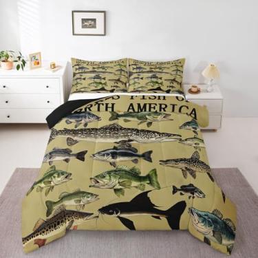 Imagem de Erosebridal Conjunto de edredom King com tema de pesca e caça com estampa de animais marinhos e peixes marinhos, conjunto de edredom com estampa de salmão ártico