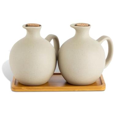 Imagem de SIBAO Conjunto de 2 dispensadores de vinagre de óleo de cerâmica com cortiça e bandeja, garrafas de óleo de estilo japonês, pote de molho de soja, recipiente de vinagre de oliva de 445 ml para cozinha