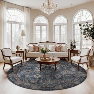 Imagem de Tapete redondo de 2,4 m para sala de estar: tapetes redondos grandes para sala de jantar entrada quarto - tapete circular antiderrapante macio - azul marinho vintage