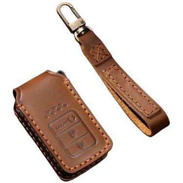 Imagem de Capa de couro artesanal para chave compatível com Honda Accord/Civic/Pilot/Odyssey/CR-V 2014 2015 2016 2017 2018 3/4 botões capa de chave de carro(3 Buttons Brown)