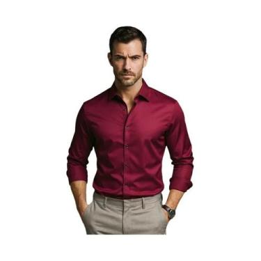 Imagem de Camisa Social Masculina Slim Fit De Cetim Manga Longa Cor Sólida Com B
