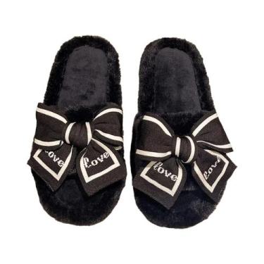 Imagem de Chinelos De Inverno Femininos De Pelúcia Macia Com Laço Designer Calça