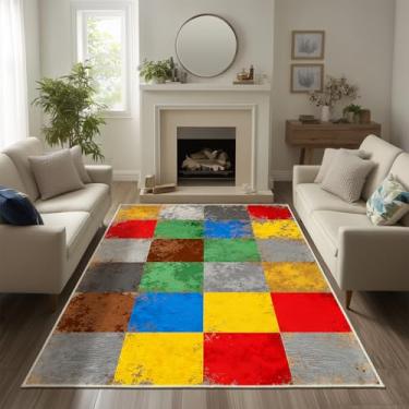 Imagem de Doteon Tapete quadriculado retrô colorido antiderrapante geométrico para sala de estar, quarto, sala de jogos, decoração 1,5 x 2,1 m